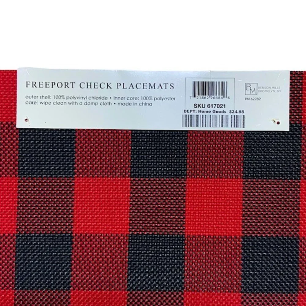 Benson Mills Placements Buffalo Check Plaid Reversible Woven Red Black Set of 4